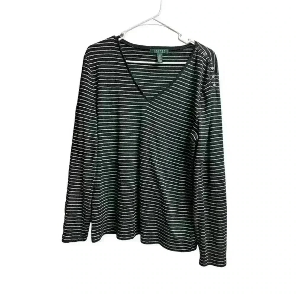 Lauren Ralph Lauren Blouse Black Silver Striped Metallic Button Knit Top Size XL - Picture 1 of 7
